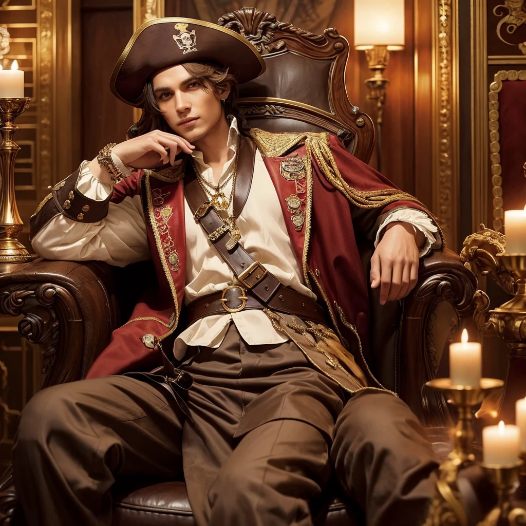 Please depict a man with short brown hair as the pirate king, sitting on a luxurious chair that features the symbol ‘🎶🪽’. He is dressed in a luxurious jacket and pirate hat, with accessories adorned with jewels. The background should be the captain’s room of a ship, with visible nautical charts and pirate decorations. The overall atmosphere should convey grandeur and majesty, with warm tones and lighting that highlights the character and the chair