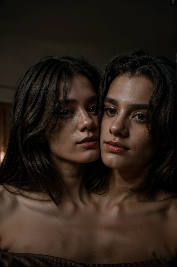 man and woman kissing on a bed in a dark room Straight hair, capturing a half-body photo with exquisitely detailed skin, Shot in cinematic style with a 70mm lens, the atmosphere is one of haunting beauty and desolation, rendered in hyper-detailed 8K resolution ,
