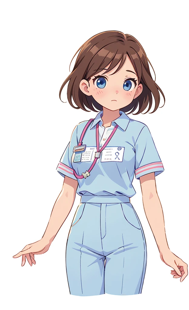 age up, make older, more mature, mature woman, large chest, Visual novel, (character sprite), game sprite, blue eyes, brown hair, shy, ((adult)), large chest, ditsy, nurse uniform, while uniform, name tag, ID lanyard, short sleeves, trousers, cute