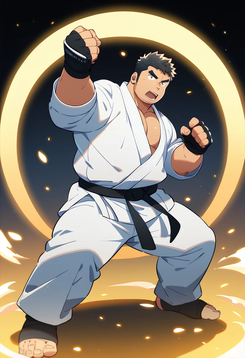 1male, solo, male focus, fighting stance, open mouth, big pupils, black hair, short hair, (plump:1.2), (bara:1.4), stocky, karate gi, black belt, fingerless gloves, toeless legwears. cool, awesome, full body, anime, best quality, amazing aesthetic, high res