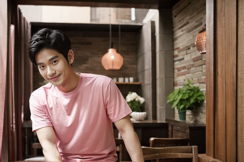 Korean man, Inspiration from Peng Yuyan, 30 years old, 236 years old, Cute Korean Face, 35 yo, 33 year old Korean muscular man，The dining room is in the back. pink t-shirt,