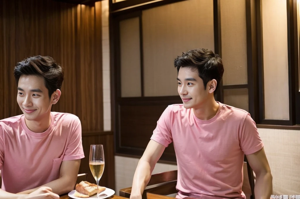 Korean man, Inspiration from Peng Yuyan, 30 years old, 236 years old, Cute Korean Face, 35 yo, 33 year old Korean muscular man,The dining room is in the back. pink t-shirt,
