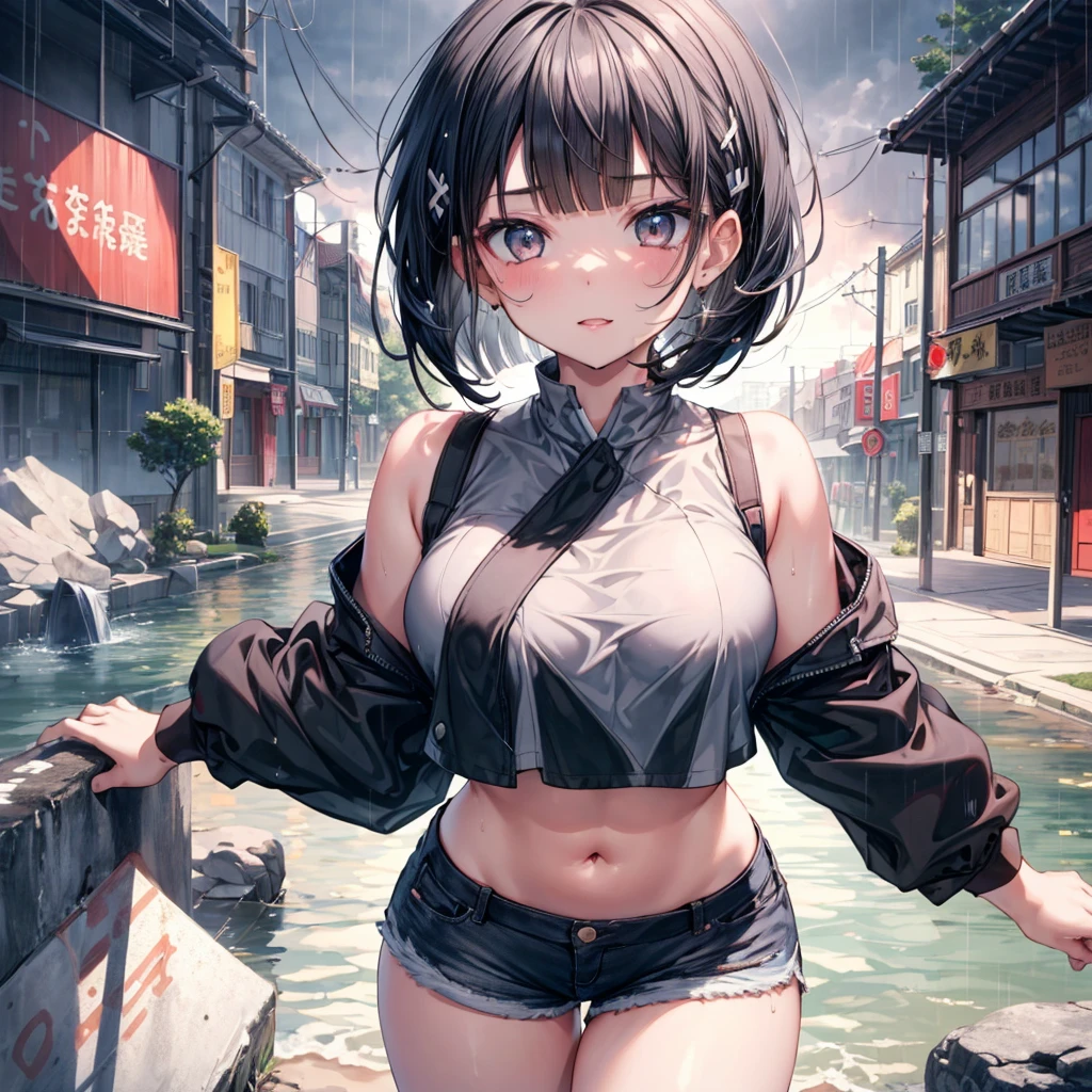 ((Highest quality)), ((masterpiece)), ((detailed)), (4K), 1girl, 独奏, black hair, bob cut, crop top, micro shorts, short shorts, leaning forward, large breasts, naughty face, looking at viewer, (from above), town, rain, wet