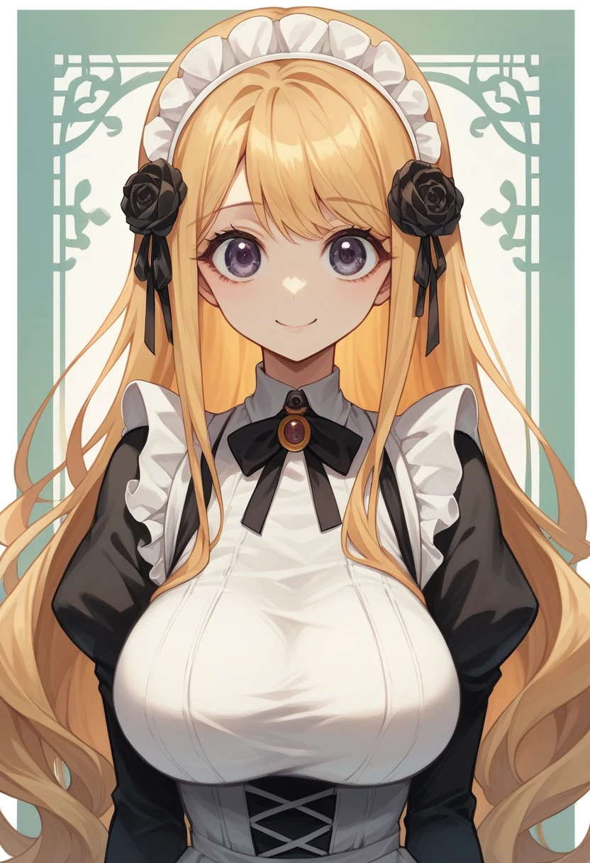 18 year old beautiful girl, big eyes, large breasts, and slender, 8K, top quality, (very detailed head: 1.0), (very detailed face: 1.0), (very detailed hair: 1.0), maid clothes, very detailed official artwork, anime moe art style, clean detailed anime art, smile, golden hair, smooth long hair
