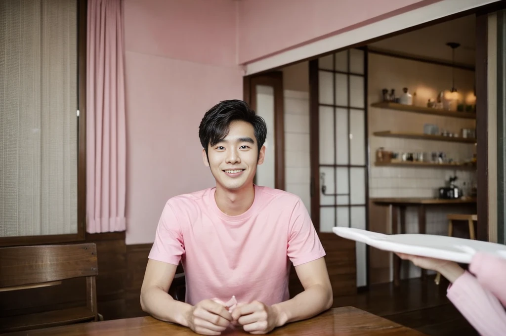 Korean man, Inspiration from Peng Yuyan, 30 years old, 236 years old, Cute Korean Face, 35 yo, 33 year old Korean muscular man，The dining room is in the back. pink t-shirt,