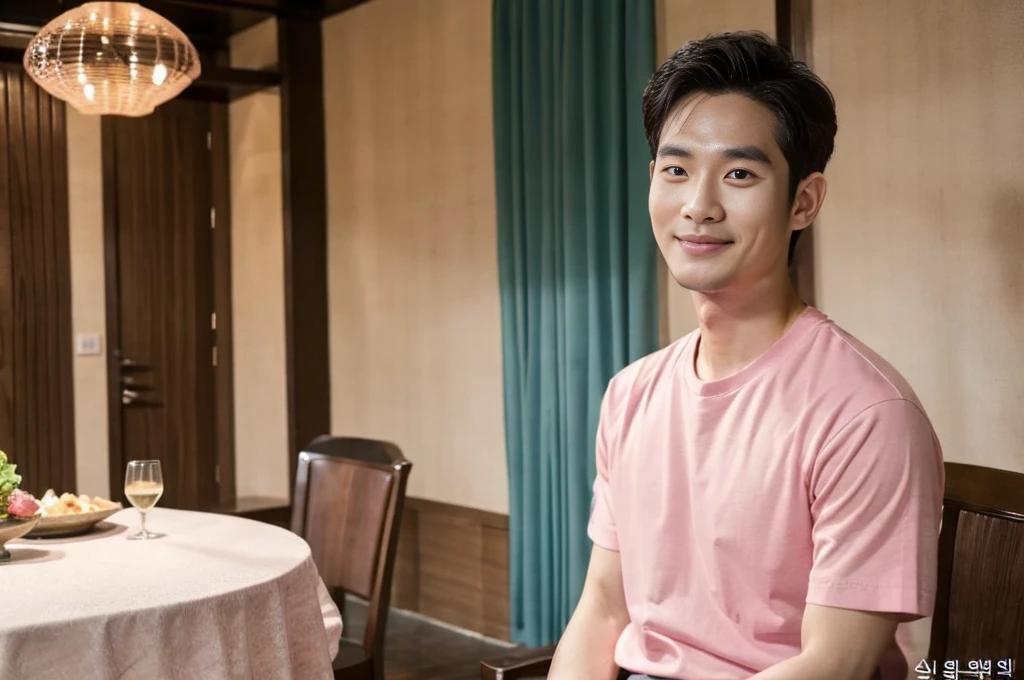 Korean man, Inspiration from Peng Yuyan, 30 years old, 236 years old, Cute Korean Face, 35 yo, 33 year old Korean muscular man,The dining room is in the back. pink t-shirt,