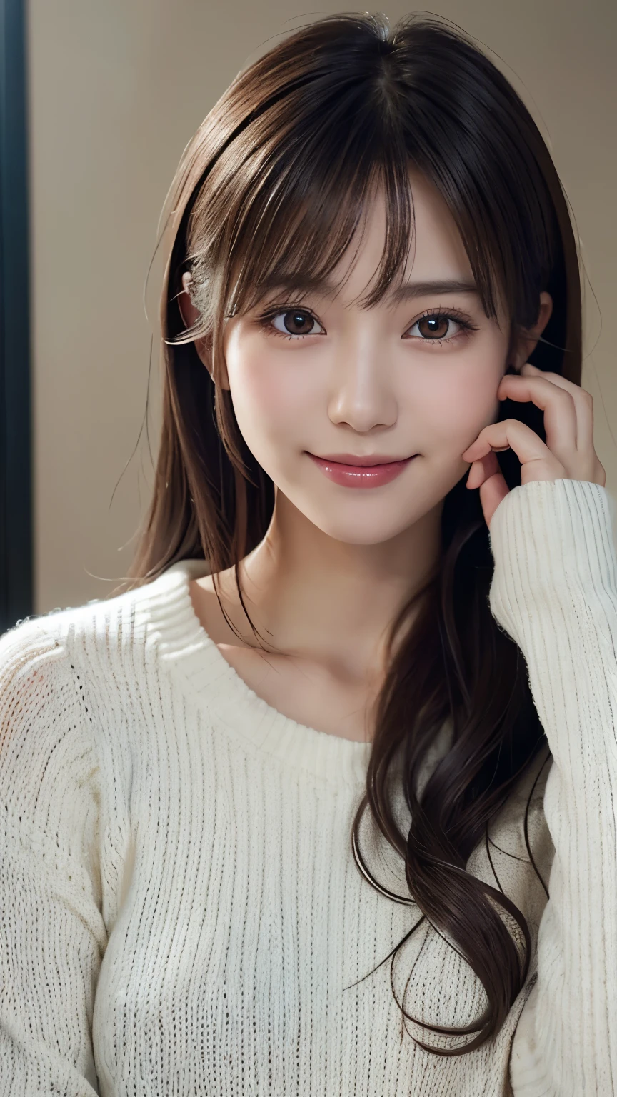 1 Japanese girl,(White sweater:1.4), (RAW Photos, highest quality), (Realistic, Realistic:1.4), Tabletop, Very delicate and beautiful, Very detailed, 8k wallpaper, wonderful, In detail, Very detailedなCG Unity, High resolution, Soft Light, Beautiful details 19 years old, Very detailedな目と顔, Beautiful and sophisticated nose, Beautiful details,Cinema Lighting,Perfect Anatomy,Slender body,smile (Asymmetrical bangs,)
