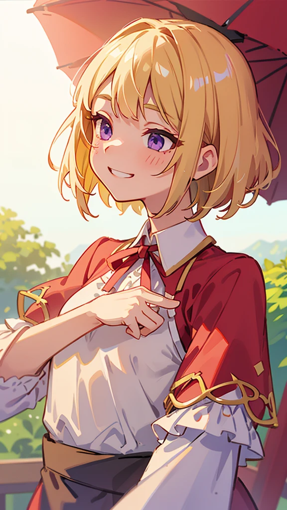 1 Girl、、Sharp focus、(Bokeh) (Highest quality) (Detailed skin:1.3) (Intricate details) (anime)、Upper body close-up、From the side、Natural Proportions、thin、Small breasts、Grin、White skin、(blonde)、Bobcut、Beautiful purple eyes、Red jacket、(Long sleeve blouse)、Frilled blouse、Upper body close-up、Morning Cafe Terrace、Background Blur, Written boundary depth