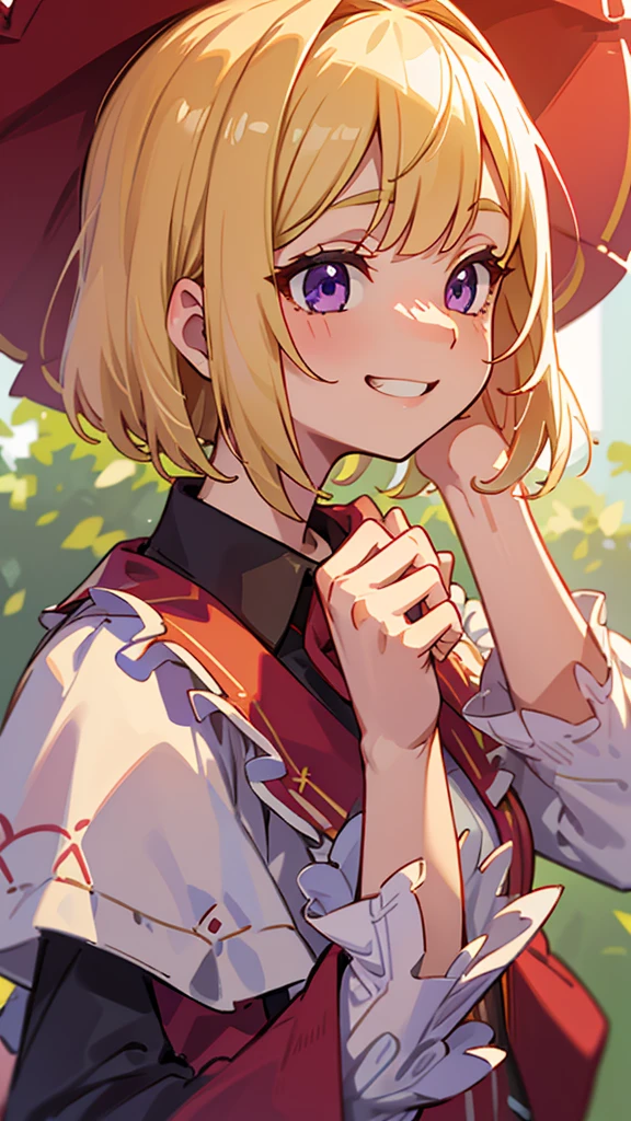 1 Girl、、Sharp focus、(Bokeh) (Highest quality) (Detailed skin:1.3) (Intricate details) (anime)、Upper body close-up、From the side、Natural Proportions、thin、Small breasts、Grin、White skin、(blonde)、Bobcut、Beautiful purple eyes、Red jacket、(Long sleeve blouse)、Frilled blouse、Upper body close-up、Morning Cafe Terrace、Background Blur, Written boundary depth