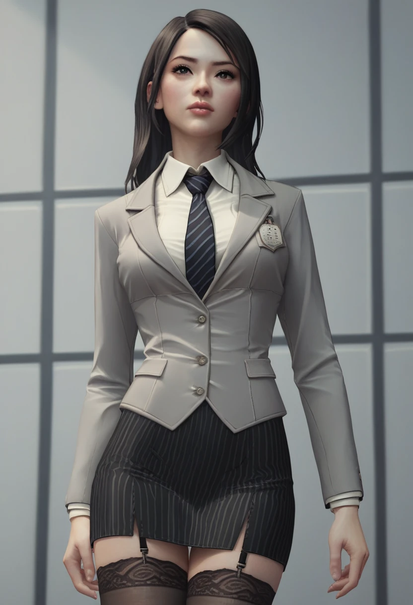 rebecc4DR, navy pinstripe skirt suit, (((three-piece suit))), (((dress shirt))), (((necktie))), (((grey blazer))), (((suit jacket))), (waistcoat), double-breasted waistcoat, (((bodycon miniskirt))), stockings, pocket square, cufflinks, 