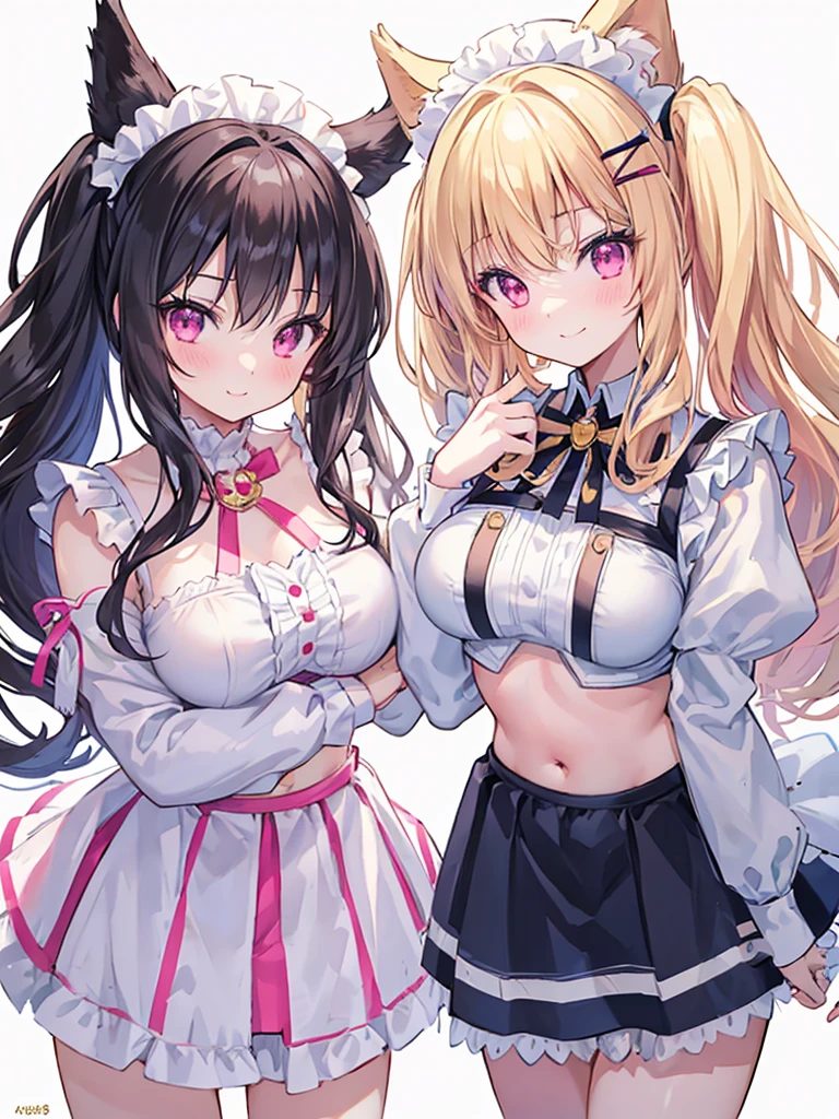 masterpiece, Highest quality, Beautiful face and eyes in every detail, Two Girls, Cute idol, Cool Idol, Event Stage, Cool idol costumes, sing, Laughter,（hyper Huge breasts:1.8)(shirtlift:1.8),(nipple:1.3),(Top view:1.4),(Side by side:1.7),(slouch:1.7),(Accentuate the cleavage:1.8),