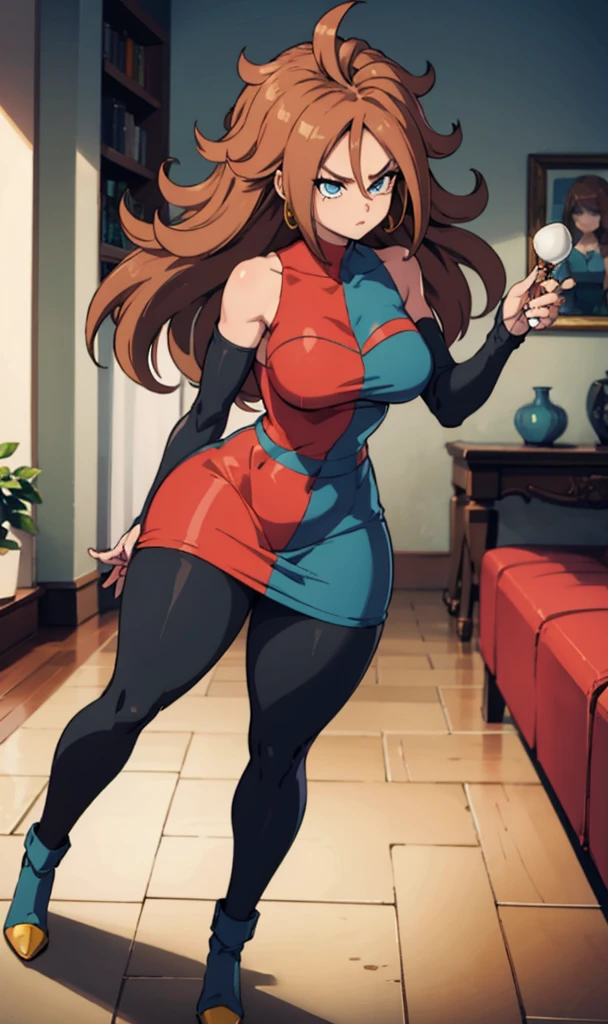 android 21, cups, pose lateral, She is sideways to the spectator, long brown hair, blue colored eyes, plaid dress, pantyhose, looking to the side, pose lateral, standing, ele está standing, serious, legs spread open, livingroom, light bulb, high qualiy, work of art, legs thick, big-ass, body healed,