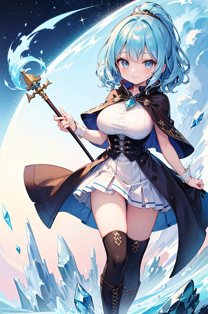 Fantasy,((Masterpiece)),((high resolution)),((Best Quality)),Anime illustration,((1girl)),(wavy hair),(short hair),(pale blue hair color),small ponytail,headband,Indigo eyes,(Big round eyes),((tareme)),,((baby face)),ig breasts))),Short stature,Young,(loli),,ice wizard,sleeless white blouse,Blue mini skirt,slit,Brown corset,brown capelet,smile,,Brown long boots,wizard's wand with blue gem,