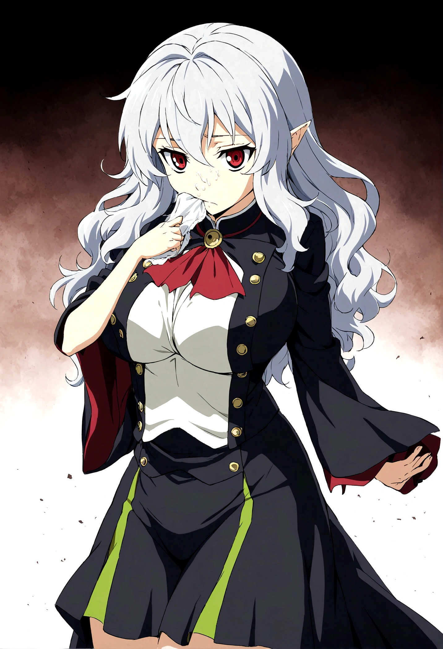 Anime. Owari no Seraph. 1 Girl. Dear . A vampire. Progenitor Clumsy. Silver hair. Wavy hair. Long hair. Red eyes. Beautiful eyes. Perfect eyes. Expressive eyes. Ideal face. Perfect body. Beautiful long ones. legs. Beautiful nose. 18 years. Big breasts. Standing. Full length Beautiful character design. Shiny skin. Pointy ears. White dress. Vampire uniform dress from
Owari no Seraph. Black stockings. Heeled shoes. Rapier in right hand. Cold. Runny nose. Nasal mucus. Snot. Snot flows from the nose. She wants to sneeze. She needs to sneeze. She has a strong, desperate urge to sneeze. She sneezed. Sneezes with snot. Handkerchief. Hand with a handkerchief near the face. Blows his nose. Ruins of Tokyo. Full body. NSWF. Official art. Extremely detailed CG Unity 8k wallpaper. Ideal lighting. Ultra high resolution 4K. Super detailed 8K. A high resolution.