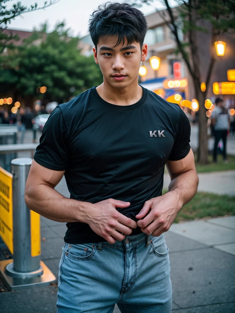 Tony Labrusca, (As a matter of fact, Masterpiece, 8k HD, good light quality, sportswear, fit the face, complicated details), A handsome, muscular young Korean man. , 20 years old, be happy, smile brightly, detailed face, delicate eyes, มองดูsky, Wear a tight blue t-shirt., period, black eyes, Black hair color, ผมsmooth, smooth, outdoor sports, Along the garden, Sunny,sky,Surreal,Superb details,Highest quality,real,