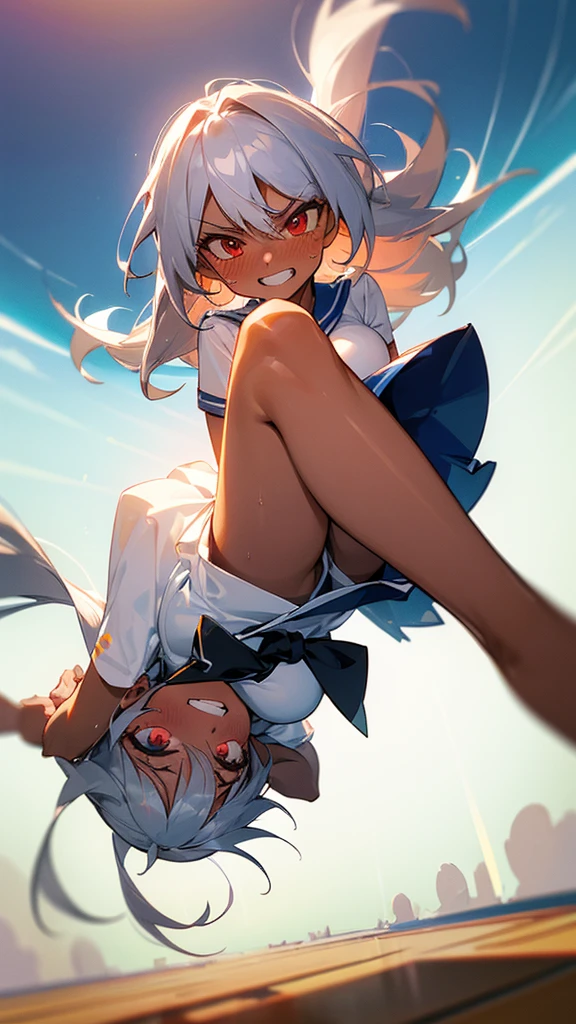 girl, masterpiece, Highest quality, ultra detailed, CG unity 8k, Cinema Lighting, Lens flare, ultra detailed eyes, sexy, big breast, young adult, dark skin, finely red eyes, wild long hair, silver hair color, , short sleeve suit ,white shirts,  , sailor suit, mini skirt, (dark blue skirt:1.2), straight skirt, Doing backflips in the air, dancing, scars, blushing, ( evil smile;1.3), evil grin, (sharp eye:1.2),(scowl:1.1), (stare at viewer:1.5),  from direct below, tall stature, glamor, (embarrassed,blush:1.3), nsfw,(ecstasy:1.3) ,(slut:1.2),(vulgarity:1.3),(fucked silly:1.1),(wet:0.8),(drooling:0.6),(sweat:0.8), glistening skin, abs, (tanned skin:1.5), smug face, Frolicking,full body , straight hair, Basketball court, (fisheye:1.2), shadow, (illusion effect;1.2), (powder light:1.2),   (show your butt hole:1.0), showing white panties from the skirt,ハミマン.