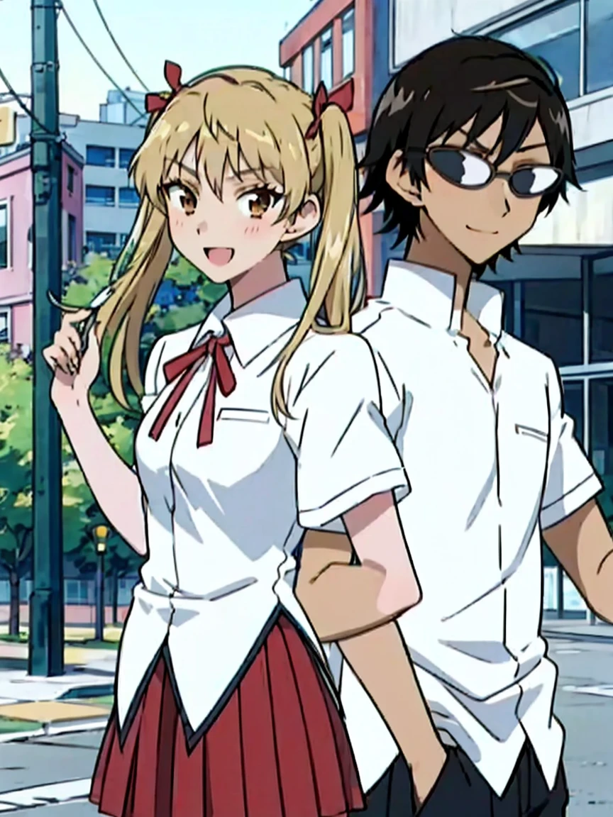 1 boy and 1 girl stand in the street,twintails,sawachika eri, brown eyes, hair ribbon,harimakenji, glasses, ,school uniform, red pleated skirt,eri,hairband, looking_at_viewer, serious, gakuran, white_shirt,smile,happy,two persons