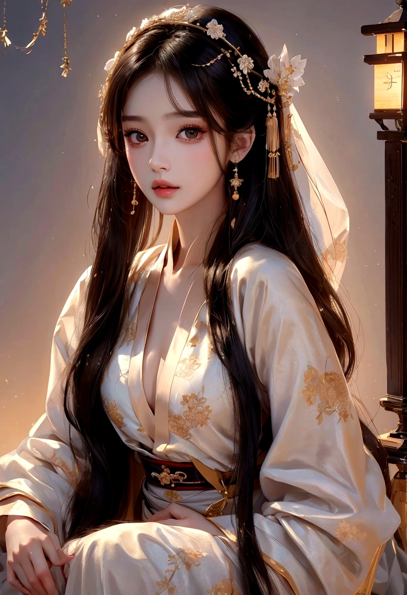 Best image quality、8K、masterpiece:1.3))、Realistic high-quality photos、Highest quality、 Beautiful face、Photos of slim models、Beautiful girl model、Young and pretty face、Beautiful model girl、A lovely and delicate face、Black Hair、Beautiful brown eyes、Young Body、Hanfu, (emphasize)、from the front、Camera gaze