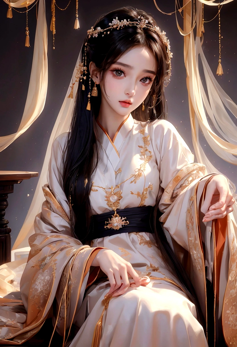 Best image quality、8K、masterpiece：1.3))、Realistic high-quality photos、Highest quality、 Beautiful face、Photos of slim models、Beautiful girl model、Young and pretty face、Beautiful model girl、A lovely and delicate face、Black Hair、Beautiful brown eyes、Young Body、Hanfu, (emphasize)、from the front、Camera gaze