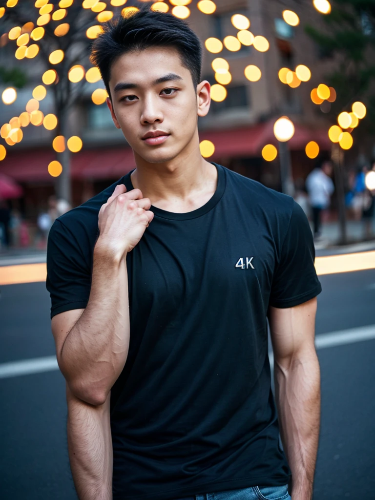 (best quality, 4K, 8K, high resolution, Masterpiece: 1.2), Special details, (realistically, As realistic as a photo, photo realistic: 1.37), Edge lighting, Extra detailed coloring, sharp focus, Physical rendering ,Extremely detailed description,professional,light color,Bokeh,Portrait,look at the viewer,
Young Asian man, 20 years old ,(Wear a black T-shirt.)
