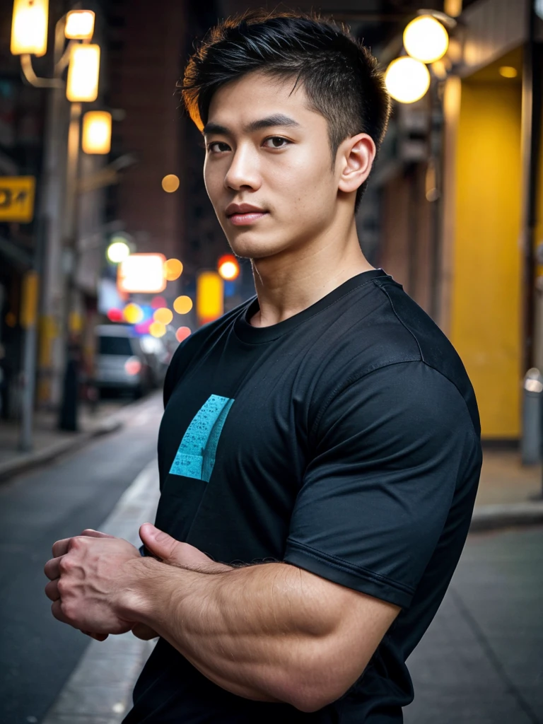 (best quality, 4K, 8K, high resolution, Masterpiece: 1.2), Special details, (realistically, As realistic as a photo, photo realistic: 1.37), Edge lighting, Extra detailed coloring, sharp focus, Physical rendering ,Extremely detailed description,professional,light color,Bokeh,Portrait,look at the viewer,
Young Asian man, 20 years old ,(Wear a black T-shirt.)