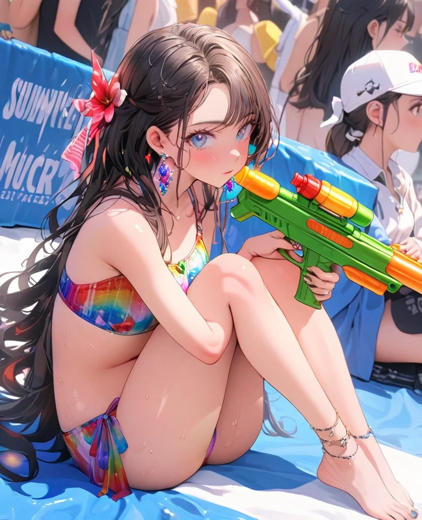 8K,gal，an extremely delicate and beautiful,Beautiful and realistic skin,Shiny jewel-like earrings,Long colorful hair,beautiful eyes,full body,head to toe,beautiful regs,beautiful colorful bikini
,summer　music festival,have a water gun