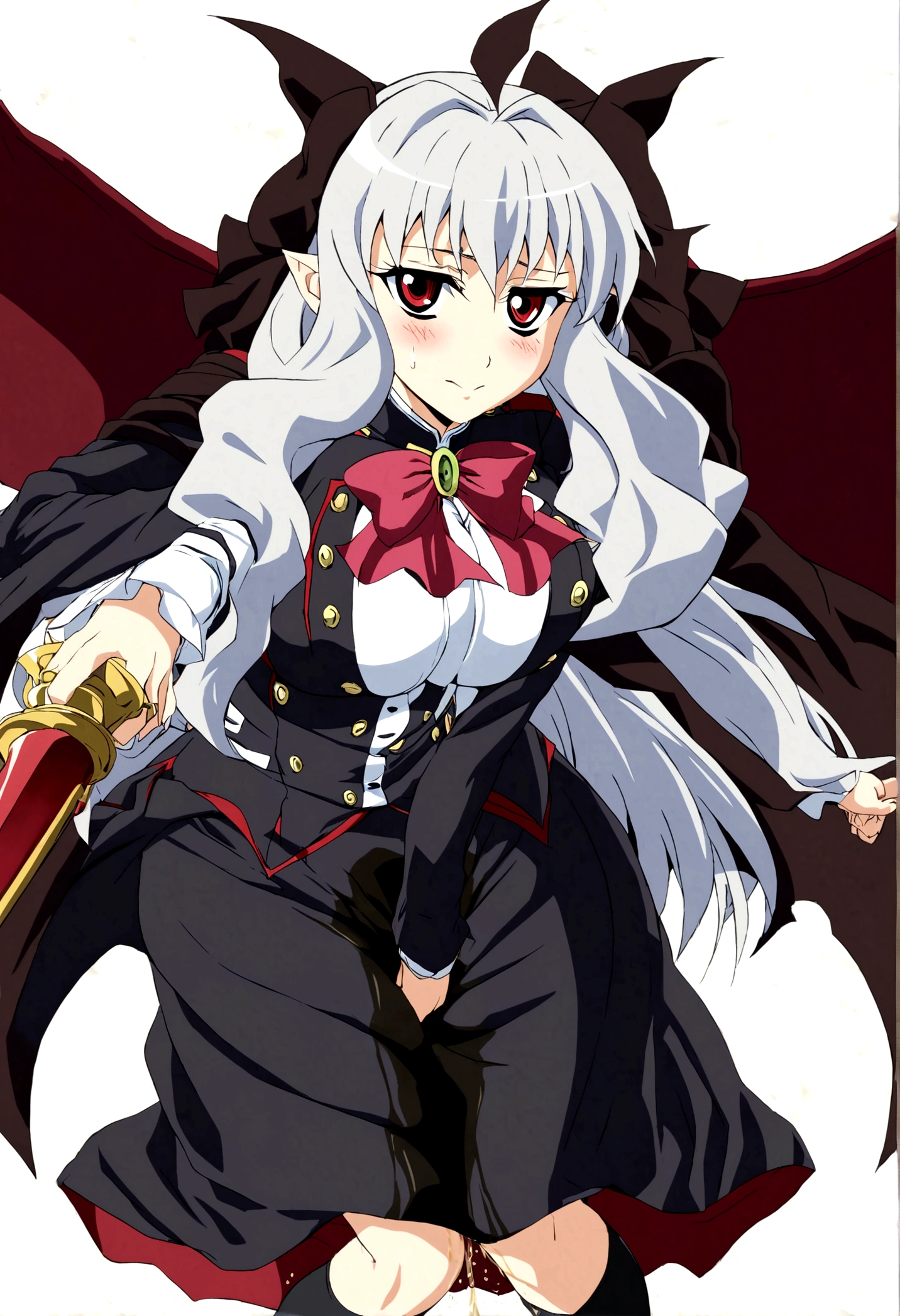 Anime. Owari no Seraph. 1 Girl. Dear . A vampire. Progenitor Clumsy. Silver hair. Wavy hair. Long hair. Red eyes. Beautiful eyes. Perfect eyes. Expressive eyes. Ideal face. Perfect body. Beautiful long ones. legs. Beautiful nose. 18 years. Big breasts. Standing. Full length Beautiful character design. Shiny skin. Pointy ears. White dress. Vampire uniform dress from
Owari no Seraph. Black stockings. Heeled shoes. Rapier in right hand. Urinary incontinence. She wants to pee. She needs to pee. She has a strong, desperate urge to pee. Hand on crotch. He squeezes his crotch tightly. Rubs the crotch. The girl can't stand straight. Knees together, feet apart. Lighting it up slightly. Slight lean forward. She peed herself. Urine runs down my thighs. Ruins of Tokyo. Full body. NSWF. Official art. Extremely detailed CG Unity 8k wallpaper. Ideal lighting. Ultra high resolution 4K. Super detailed 8K. A high resolution.