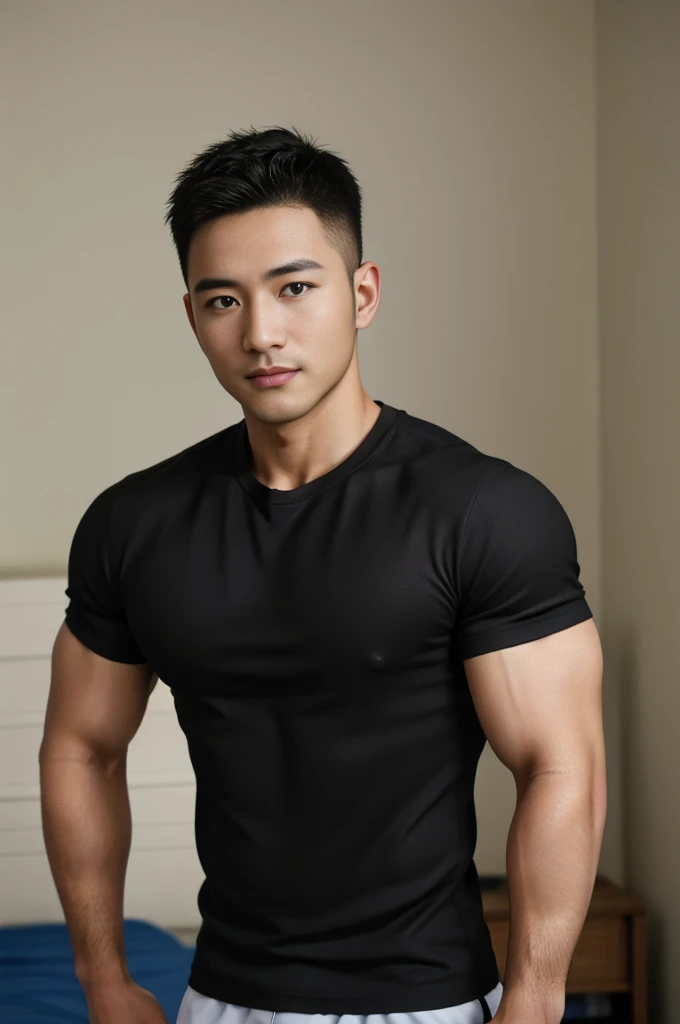 Masterpiece, best quality, high resolution, realistic, handsome, Take beautiful photos, Sayk, NRF, Photo of the 35 year old gym association (man:1.2) Portrait, standing in bedroom , make military media, weight, Amazing , Buzzcut short hair,stubble head , (Hyper Muscle),looking at the audience, Flirt with the camera, charming, (Tight black exercise shirt ),(GS-Male:1), 8K,Bokeh,Portrait,look at the viewer,