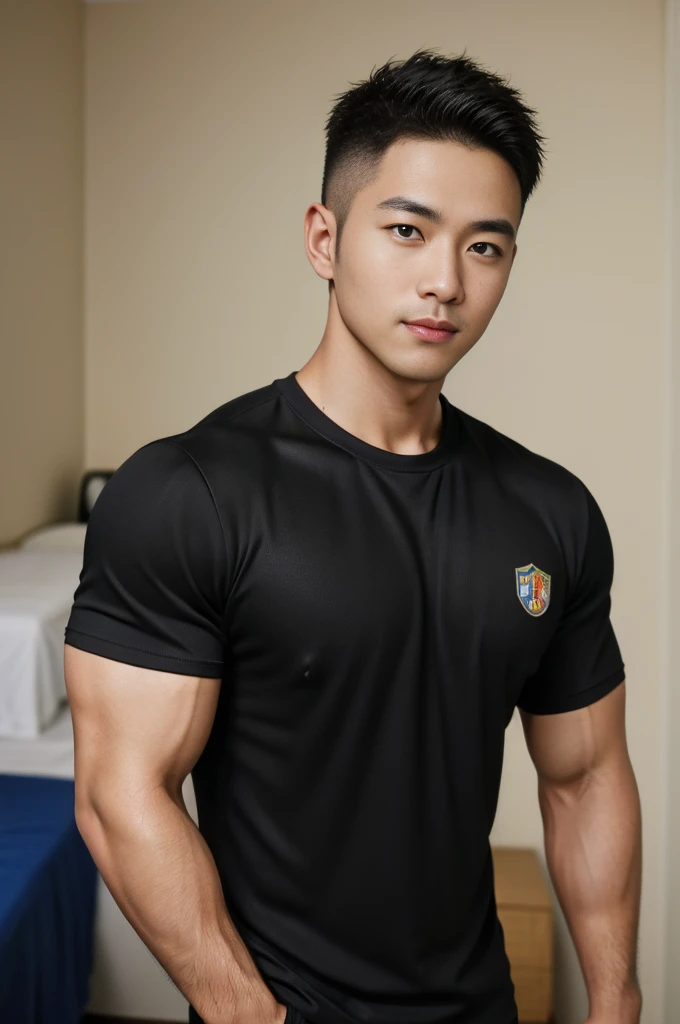 Masterpiece, best quality, high resolution, realistic, handsome, Take beautiful photos, Sayk, NRF, Photo of the 35 year old gym association (man:1.2) Portrait, standing in bedroom , make military media, weight, Amazing , Buzzcut short hair,stubble head , (Hyper Muscle),looking at the audience, Flirt with the camera, charming, (Tight black exercise shirt ),(GS-Male:1), 8K,Bokeh,Portrait,look at the viewer,