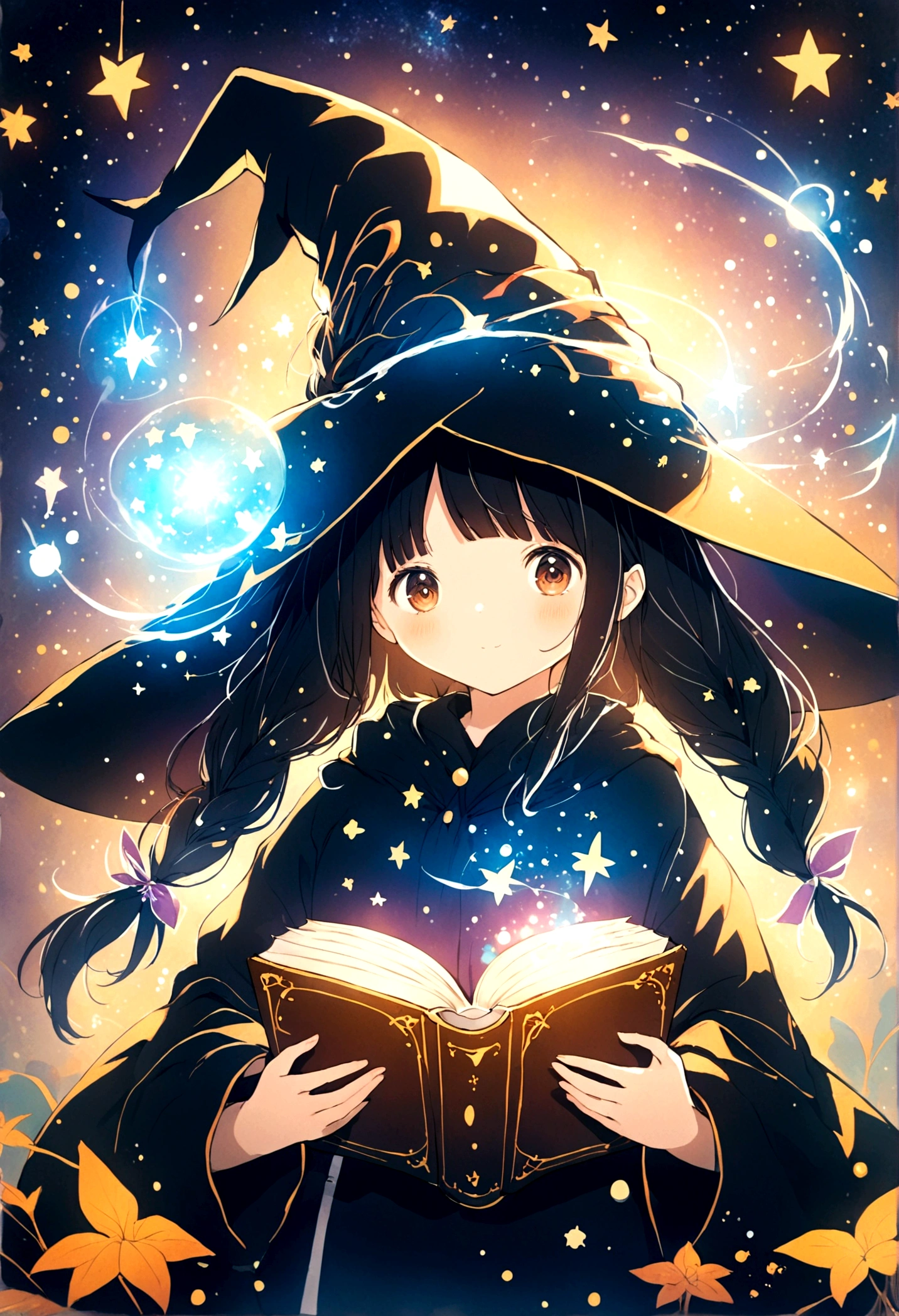 Double tail、, Cute anime style Hagrid, Young Witch, Anime cute art style, Marisa Kirisame, Witch Girl, Anime Characters, as an Anime Characters, Possess magical powers, young wizard, A different world, Holding a magic book，Look at the stars