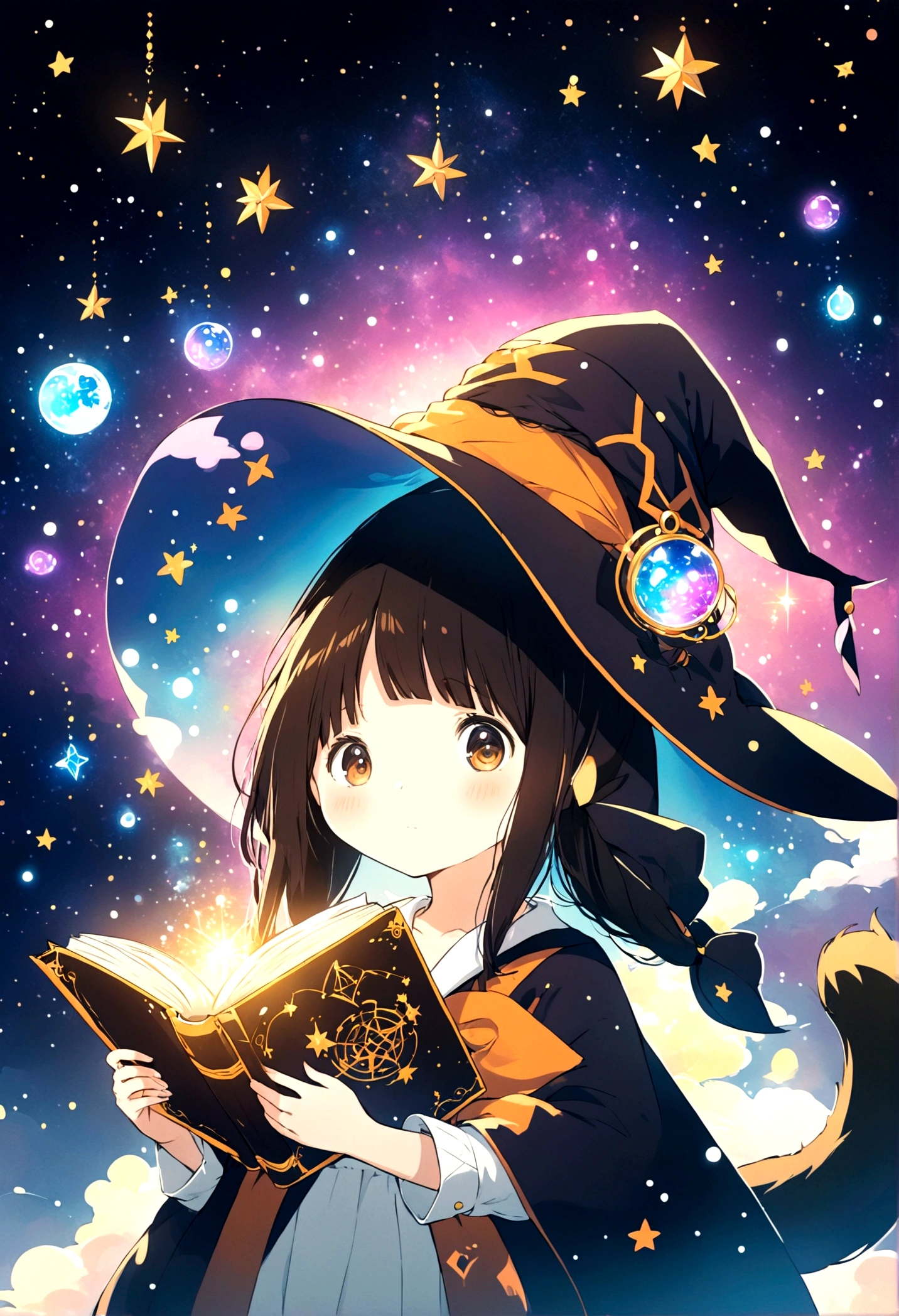 Double tail、, Cute anime style Hagrid, Young Witch, Anime cute art style, Marisa Kirisame, Witch Girl, Anime Characters, as an Anime Characters, Possess magical powers, young wizard, A different world, Holding a magic book，Look at the stars