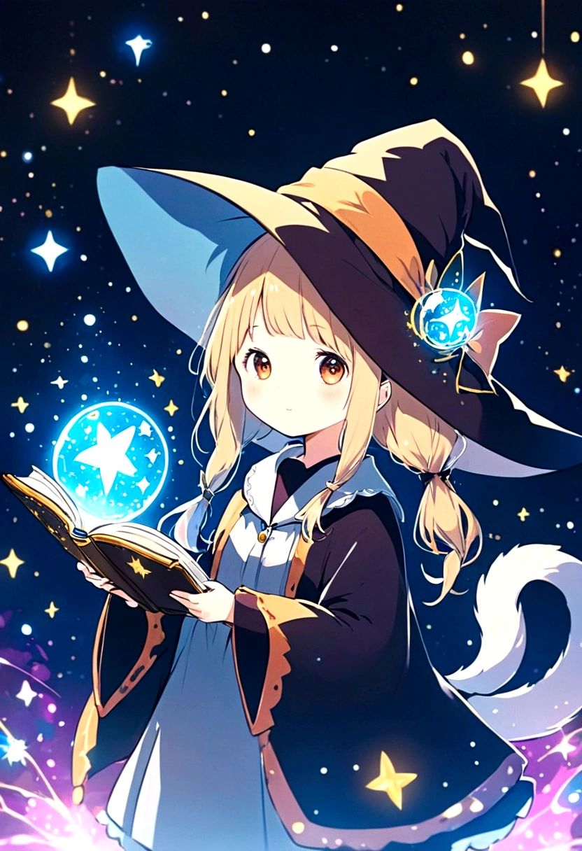 Double tail、, Cute anime style Hagrid, Young Witch, Anime cute art style, Marisa Kirisame, Witch Girl, Anime Characters, as an Anime Characters, Possess magical powers, young wizard, A different world, Holding a magic book，Look at the stars