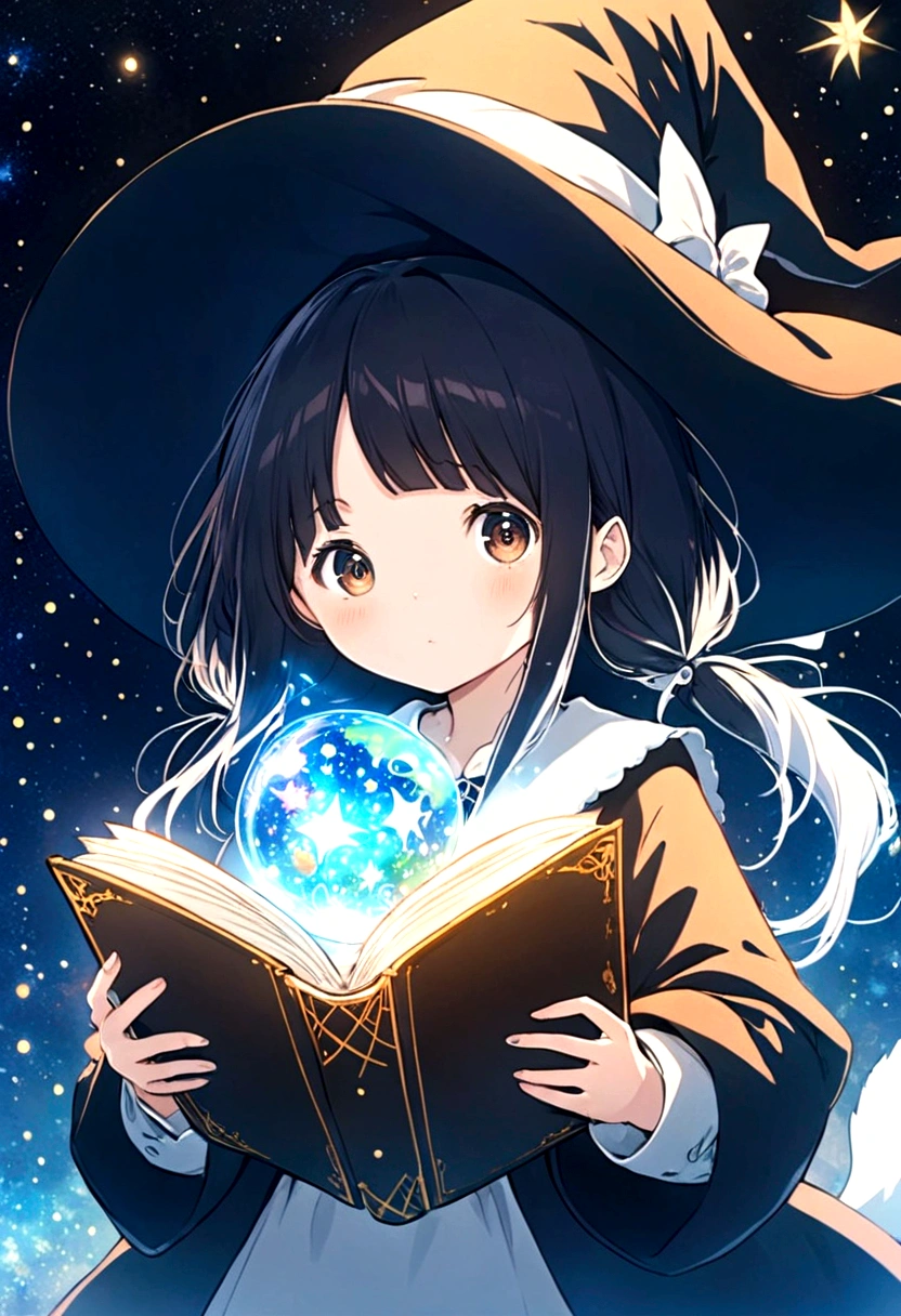 Double tail、, Cute anime style Hagrid, Young Witch, Anime cute art style, Marisa Kirisame, Witch Girl, Anime Characters, as an Anime Characters, Possess magical powers, young wizard, A different world, Holding a magic book，Look at the stars