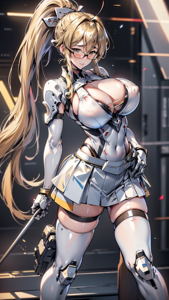 Gray translucent armor，Arm mecha，blonde short hair，Long ponytail hairstyle，Large Breasts，Cleavage，Pistol hanging from waist，fighter pilot，fighter hangar，Sexy，Lipstick，miss，Golden Eyes，stockings，Short skirt，Smile，red glasses