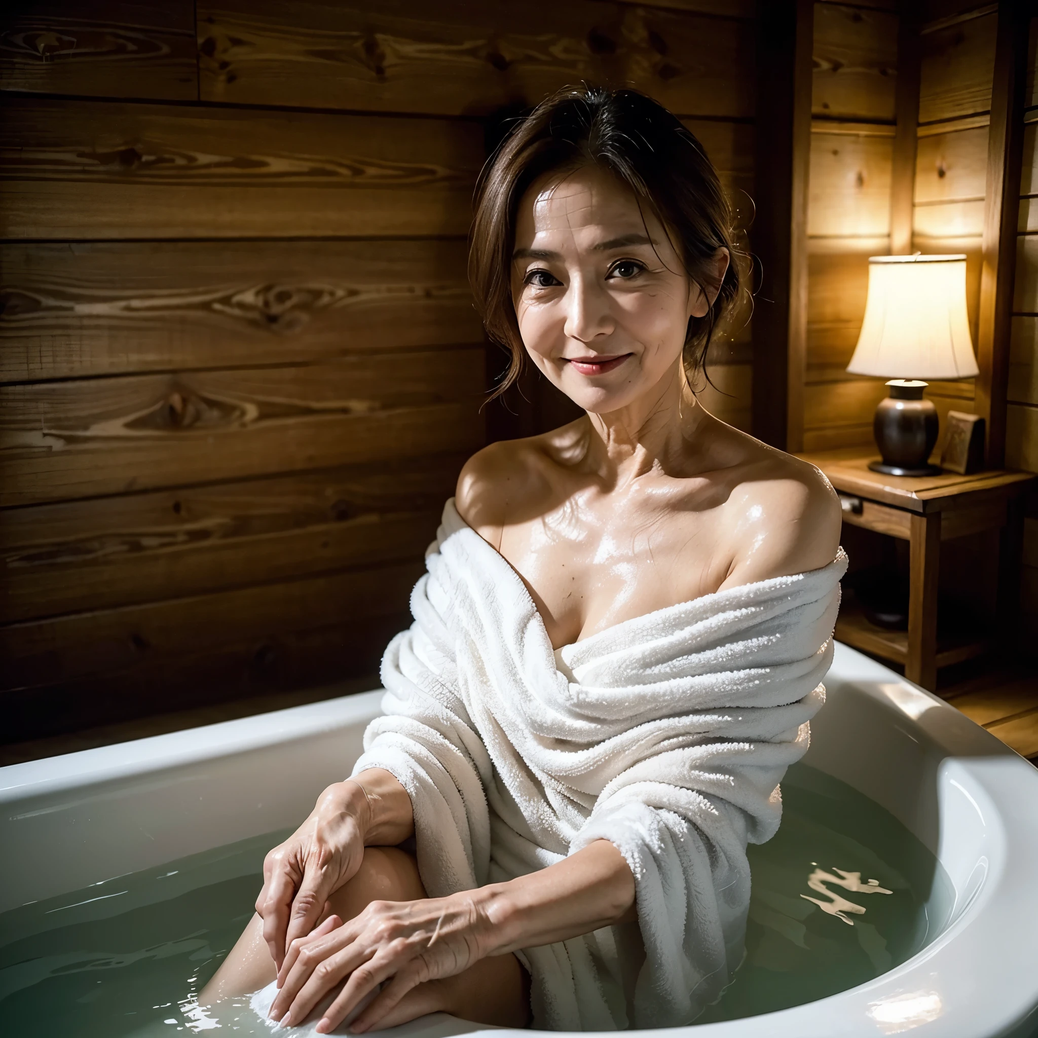 (masterpiece:1.4),(60-year-old woman:1.5),(facial wrinkles :1.2),gentle smile, (mid-length hair : 1.1), (wearing only white towel), (off-shoulder), soaking in a hot springs, soaking in a wooden bathtub, traditional japanese scene, detailed background, beautiful scenery, outside