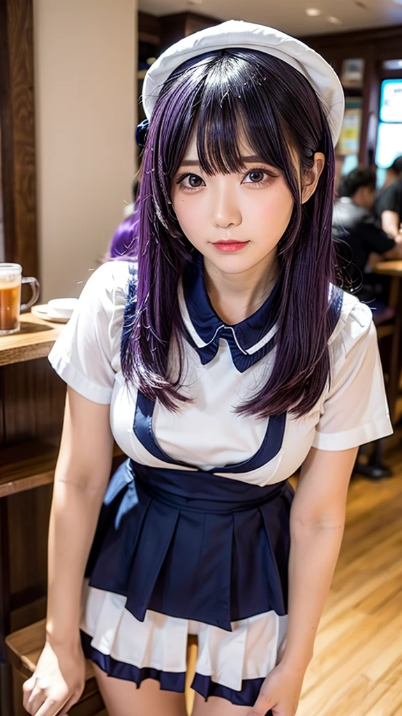 See-through sailor suit、Transparent nipples、Big Tits、Sheer skirt、Leaning forward、Coffee shop、Cafe staff、Purple Hair