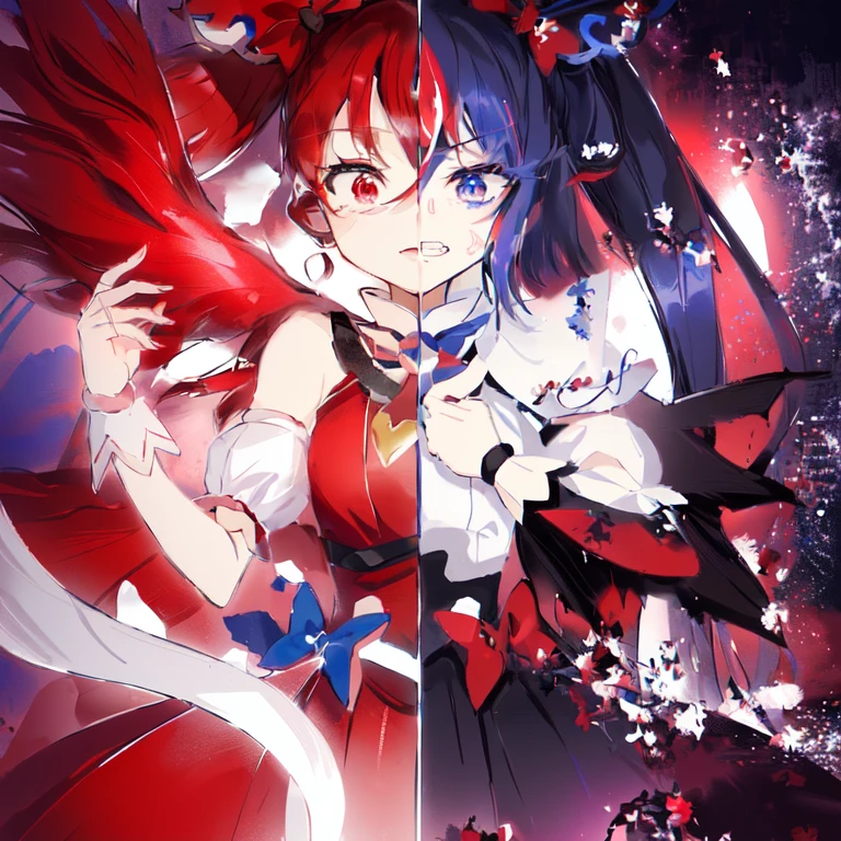 anime characters in a split picture with a red and blue background, gapmoe yandere grimdark, anime moe artstyle, from touhou, attractive matoi ryuko, ryuko matoi, demon anime girl, touhou character, anime style like fate/stay night, blue and red, ufotable art style, battle between good and evil