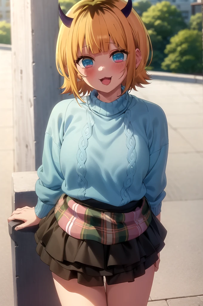 best quality, masterpiece, detailed,
memcho,
open mouth, light blush, :3, smile,
short hair, blonde hair, multicolored hair, aqua eyes, blunt bangs, horns,
(blue sweater:1.2), black shirt, bare shoulders, black skirt, medium breasts,
standing, looking at the viewer,
day, park, outdoors