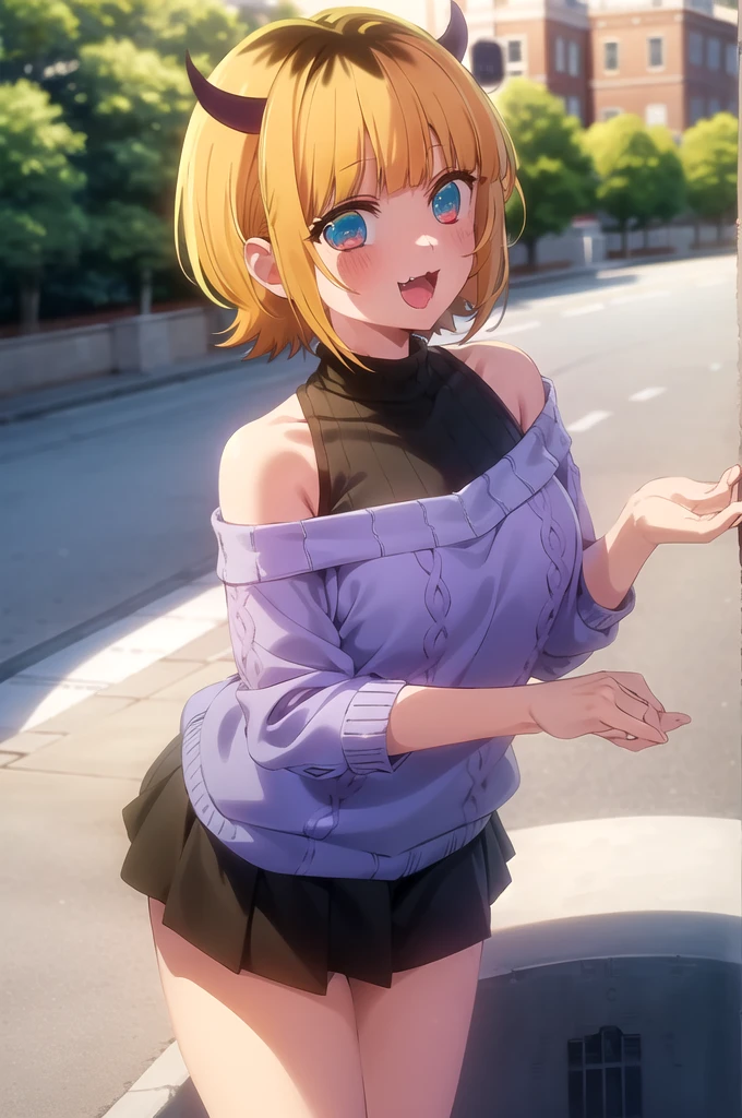 best quality, masterpiece, detailed,
memcho,
open mouth, light blush, :3, smile,
short hair, blonde hair, multicolored hair, aqua eyes, blunt bangs, horns,
(blue sweater:1.2), black shirt, bare shoulders, black skirt, medium breasts,
standing, looking at the viewer,
day, park, outdoors