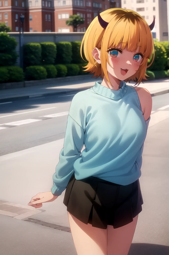 best quality, masterpiece, detailed,
memcho,
open mouth, light blush, :3, smile,
short hair, blonde hair, multicolored hair, aqua eyes, blunt bangs, horns,
(blue sweater:1.2), black shirt, bare shoulders, black skirt, medium breasts,
standing, looking at the viewer,
day, park, outdoors