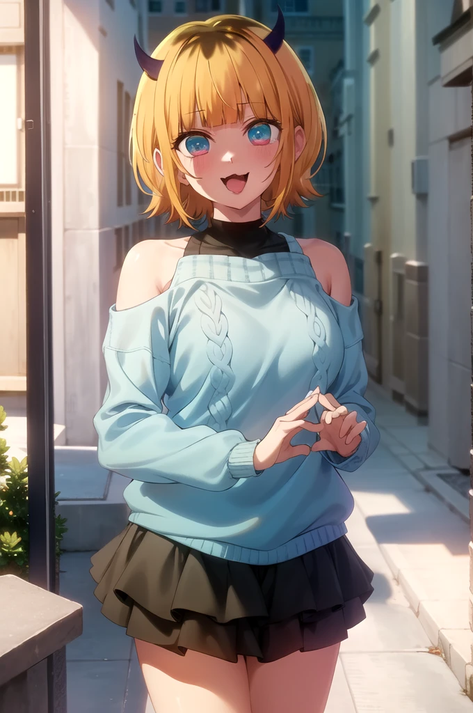 best quality, masterpiece, detailed,
memcho,
open mouth, light blush, :3, smile,
short hair, blonde hair, multicolored hair, aqua eyes, blunt bangs, horns,
(blue sweater:1.2), black shirt, bare shoulders, black skirt, medium breasts,
standing, looking at the viewer,
day, park, outdoors