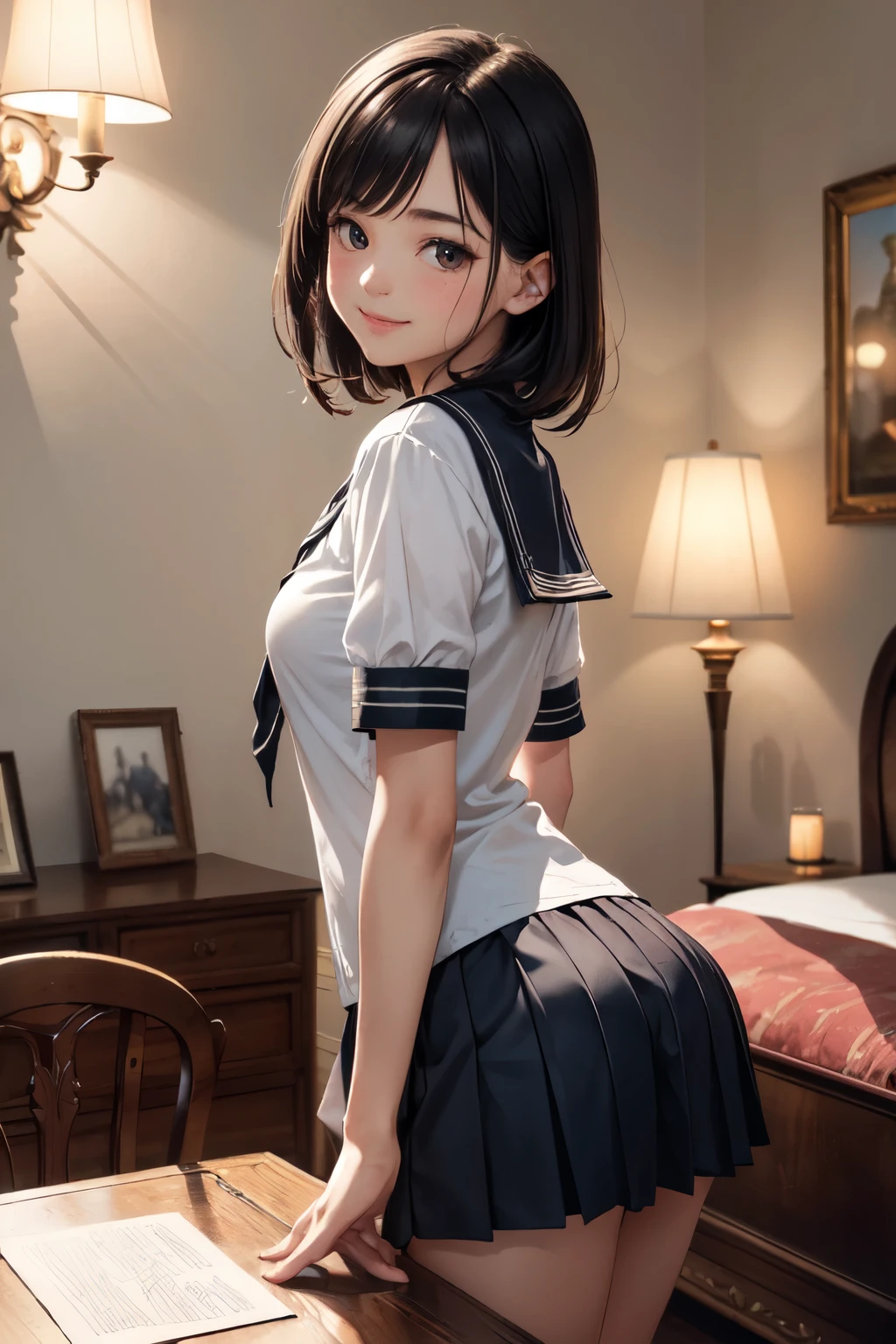 very cute and beautiful girl,(highly detailed beautiful face),
(smile:1.2),blush,looking at viewer,black hair,serafuku,short sleeve,pleated navyblue mini skirt,
(looking back,from behind),(leaning forward,hands at furniture),
antique hotel bedroom,victorian gorgeous furnitures,
(best quality,masterpiece),absurdres,highres,ultra-detailed,extremely detailed,32k,8k resolution,
intricate details,cinematic scene,detailed background,solo,dynamic angle,
perfect hands,beautiful hands,