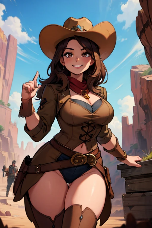 perfect face, perfect hands A brown haired female cowgirl with copper eyes with an hourglass figure in a conservative cowgirl outfit is exploring a cave with a big smile
