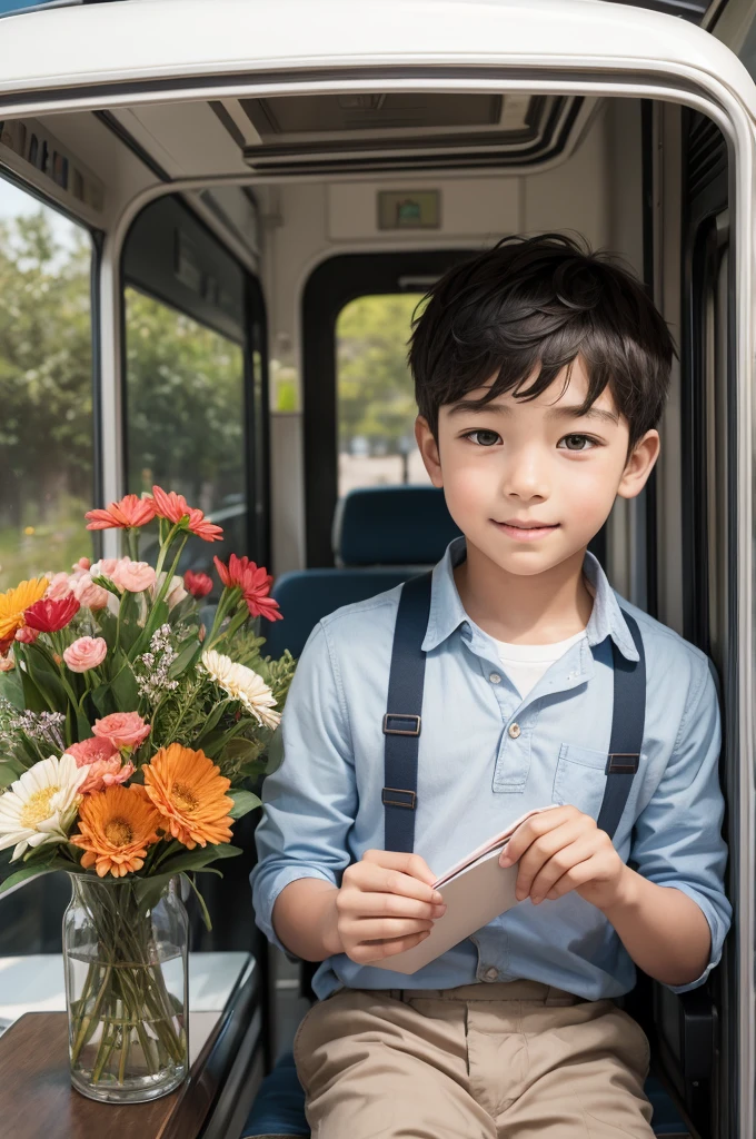 Boy delivering flowers called flower tram with his friends Notebook drawing