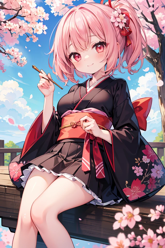 ((Masterpiece)),((high resolution)),((Best Quality)),Anime illustration,(((1girl))),,(wavy hair),(short hair),(pale pink hair color),small ponytail,Red eyes,(Big round eyes),((tareme)),,((loli face)),ry big breasts)),Short stature,,kimono,mini skirt,smile,Ladylike,cherry blossoms,