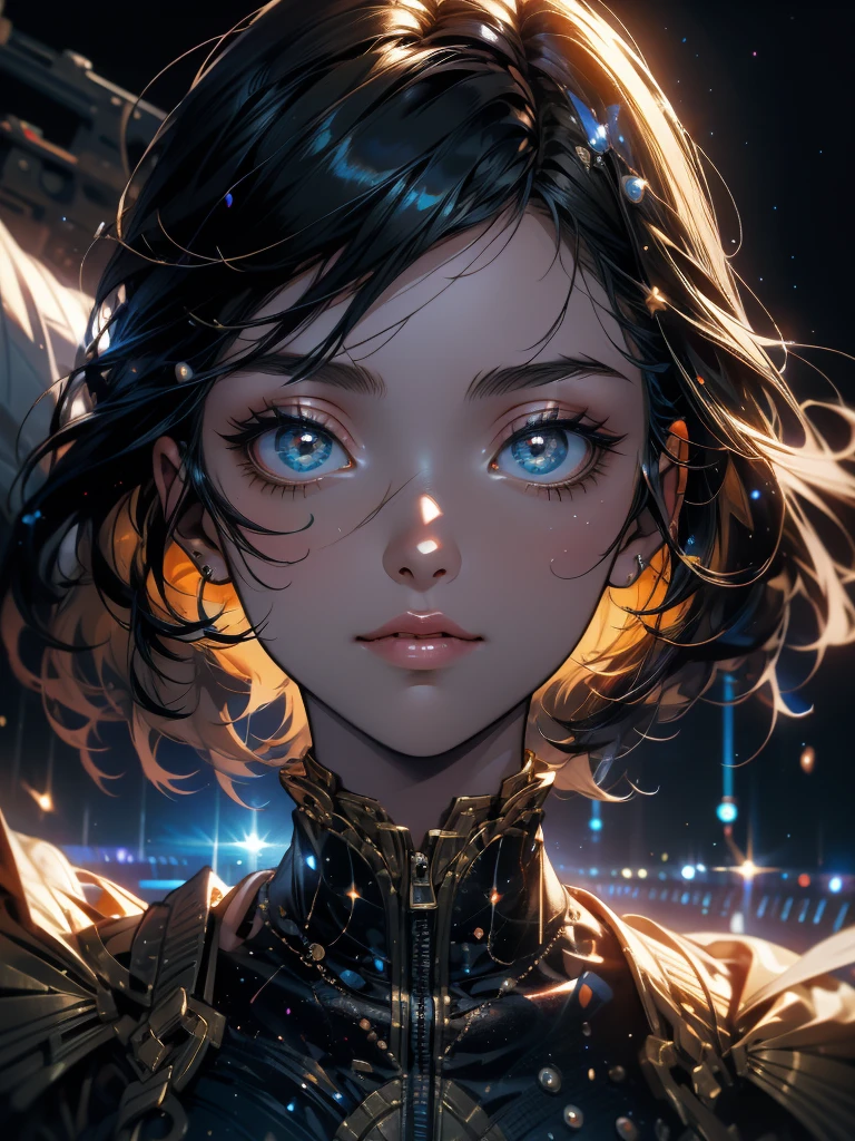 Portrait of a young woman with black hair in zero gravity, The background of the Milky Way and the supermassive black hole as a backdrop