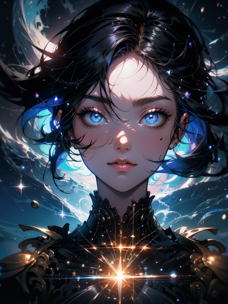 Portrait of a young woman with black hair in zero gravity, The background of the Milky Way and the supermassive black hole as a backdrop