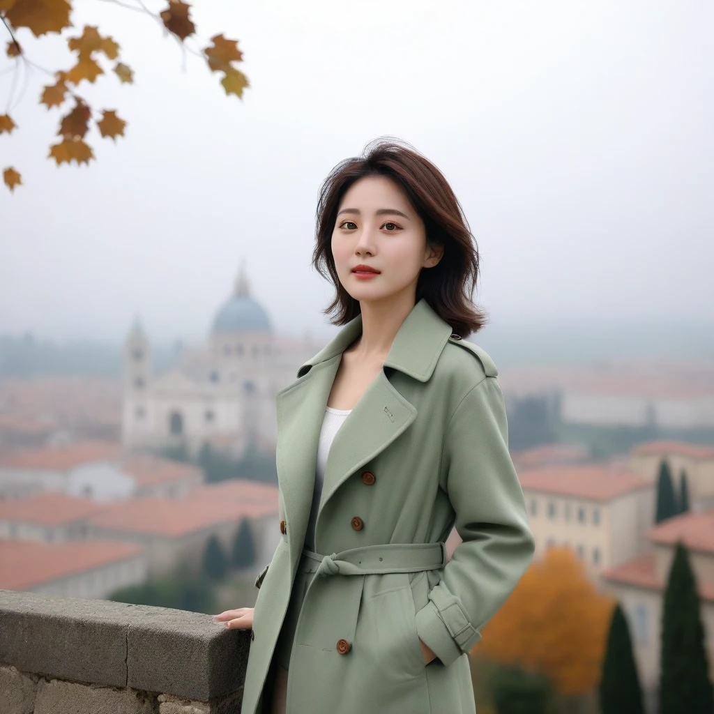 k Best picture quality, Beautiful 36-year-old Korean woman, You have good skin and big and pretty eyes... Chest size 34 inches, Traveling in Italy in the fall, The cathedral can be seen in the distance in thick fog., The back background is realistic and vivid quality., Short and medium hair blowing in the wind, A light green trench coat was worn over the knit.. beige casual pants, I'm smiling. Standing on the edge of the hill with a view of the cathedral, Short and slim Korean woman, stand far away, Full body photo taken with Canon Mark 5 camera 16-35 wide angle lens, One woman with big and pretty eyes, eyes are round and big, Taken from a hill above a vineyard