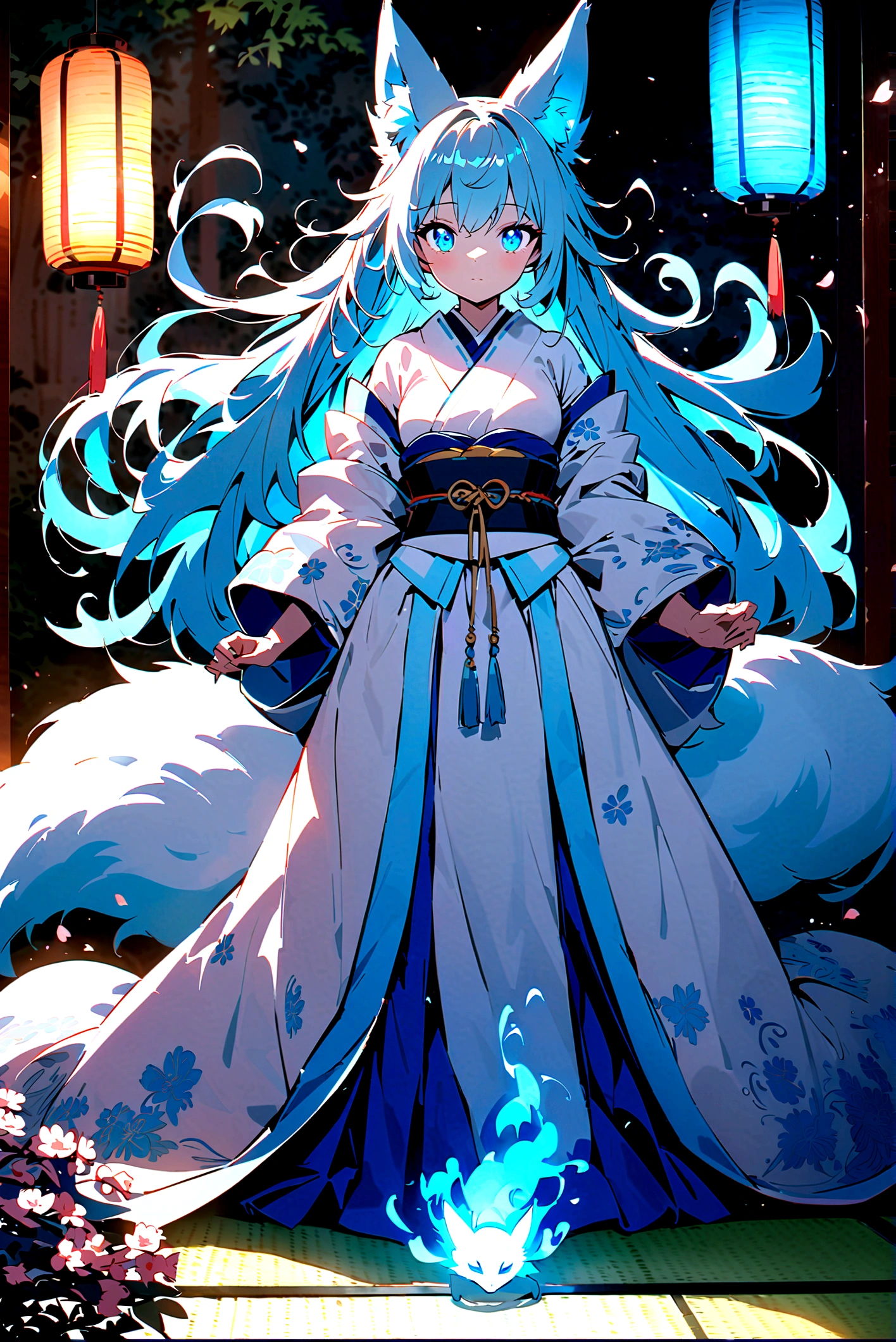 fox Light blue hair 　beast girl　indigo fur　fox beast girl　fox Light blue hair 　beast girl　indigo fur　fox beast girl　Wallpaper 4k,8k,highly detailled,,vivid colors,detailed kitsune with 9 tails,traditional Japanese artwork,tatami floor,beautiful cherry blossoms,floating lanterns,dark silhouette of a pagoda,subtle moonlight,dense forest,ethereal atmosphere,dappled sunlight,whimsical spirit,serene expression,elaborate kimono and obi,delicate hand-painted details,luminous eyes　Anime Style　fox　blue　White-faced golden-haired nine-tailed fox　Coat blue　　　mysterious background　Blue Flame　girl　have a ball of light Anime Style　fox　blue　White-faced golden-haired nine-tailed fox　Coat blue　　　mysterious background　Blue Flame　girl　have a ball of light