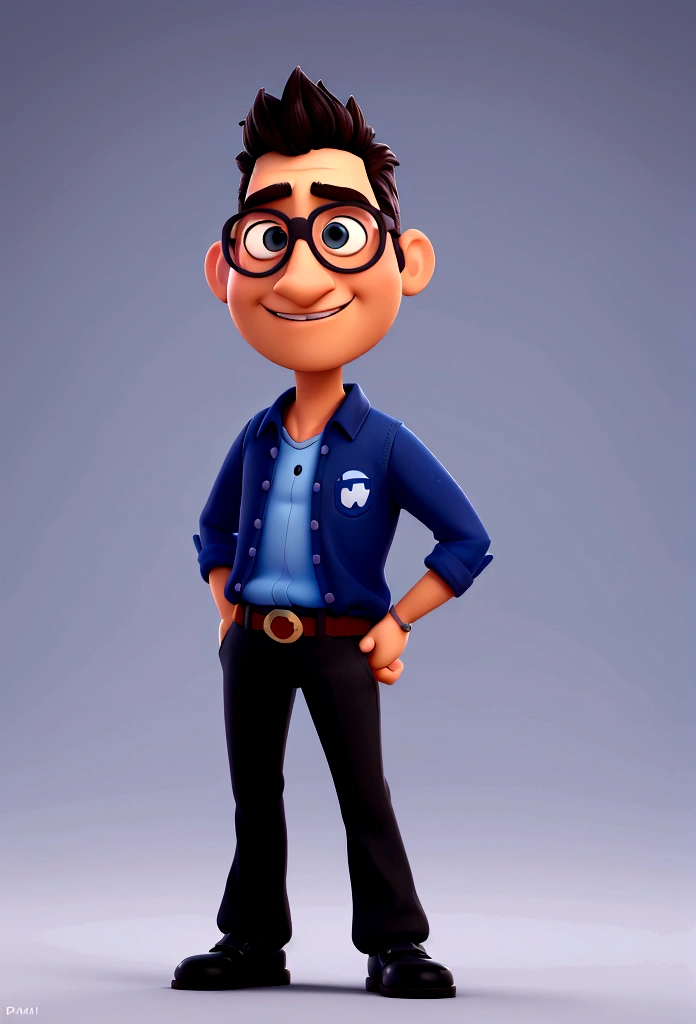 Cartoon character of a man with black glasses and a blue shirt, animation character, Caractere estilizado, animation style rendering, 3D estilizado, Arnold Maya render, 3 d render stylized, toon render keyshot, Personagem 3D, Personagem 3D, 3d rendering stylized, 3 d character render, personagem de desenho animado, Personagem de close up, Pose de personagem, (Estilo Pixar) (master part:1.2) (Bokeh) (best quality) (pele detalhada) (textura detalhada) (8k) (argila) (Cinematic lighting) (foco nítido